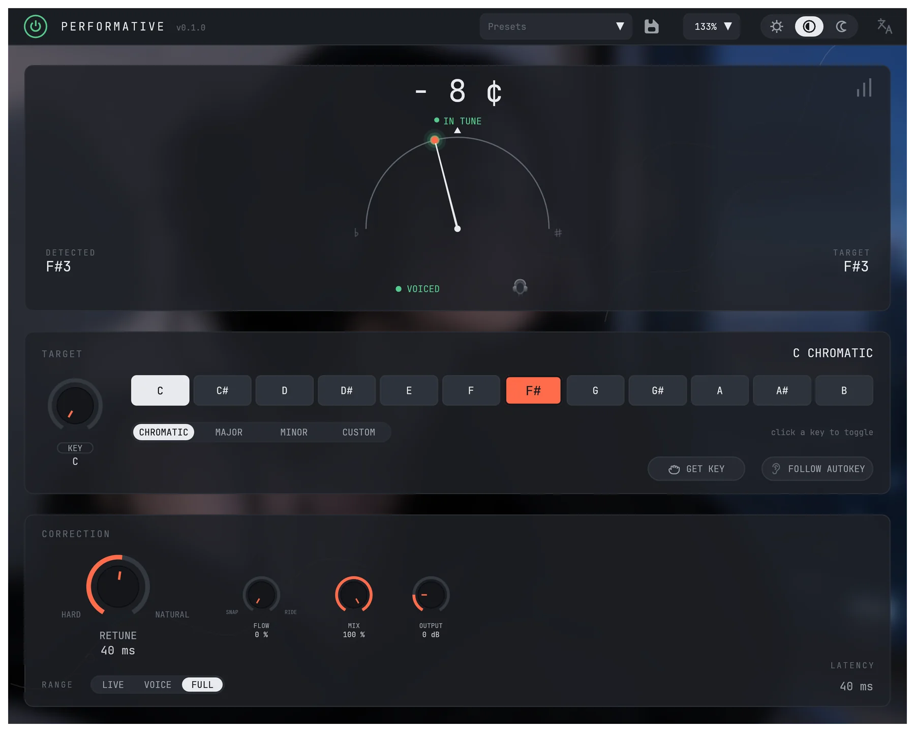 The full Performative plugin window, Graphite theme