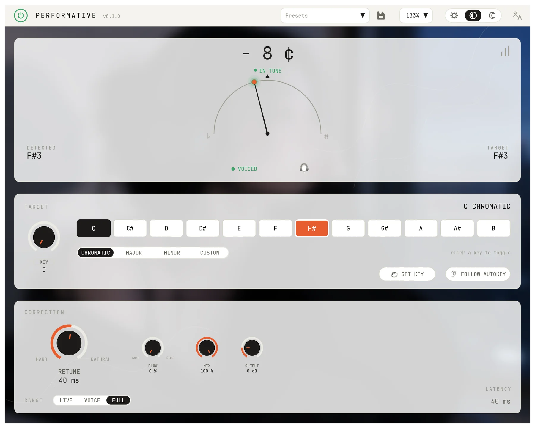 The full Performative plugin window, Porcelain theme